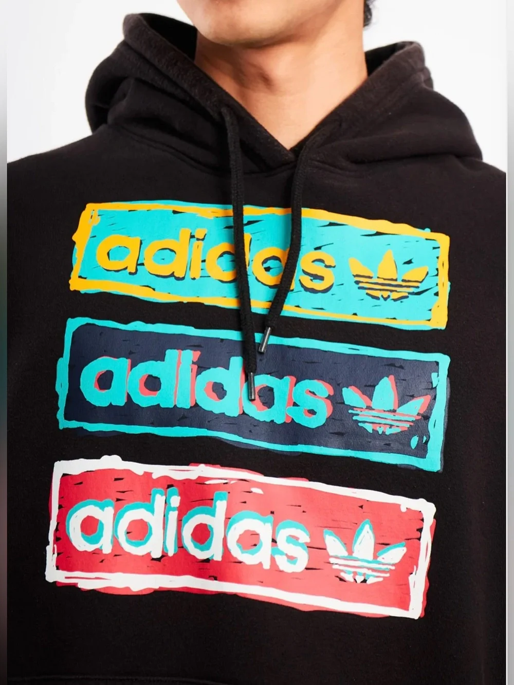 Adidas Black Tri Linear Hoodie Yellow Teal Red Logo Blocks